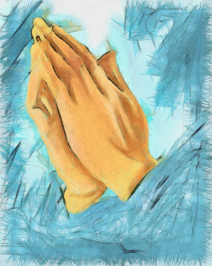 praying hands with blue garment - art painting